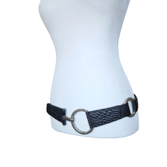 Landes black croc textured leather belt rustic silvery hook & eye buckle size M - Picture 7 of 15